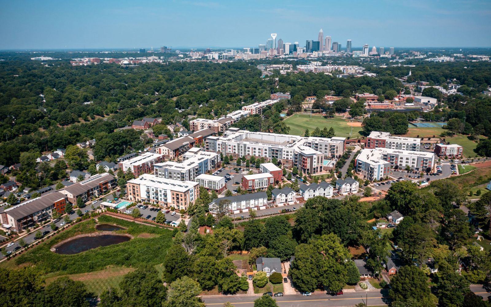 Village at Commonwealth apartments aerial view of Charlotte, NC community.