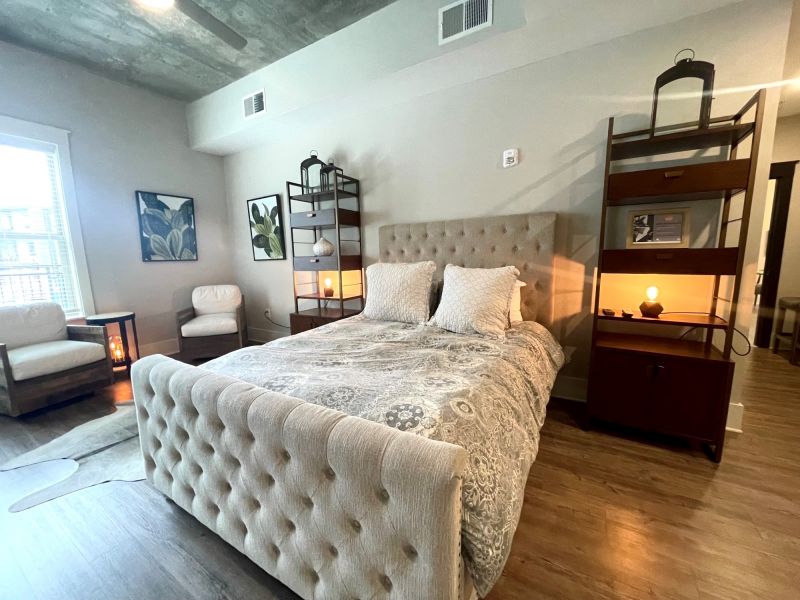 The Village at Commonwealth guest suite with eclectic furnishings