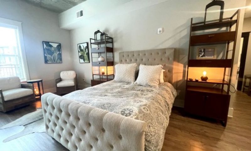 The Village at Commonwealth guest suite with eclectic furnishings