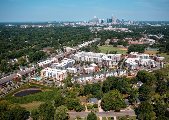 Village at Commonwealth apartments aerial view of Charlotte, NC community.