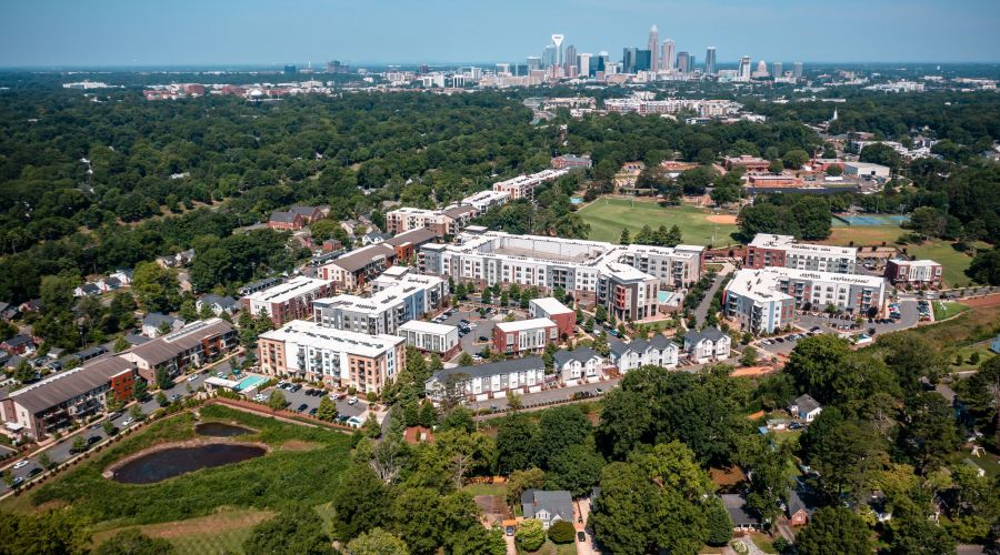 Village at Commonwealth apartments aerial view of Charlotte, NC community.